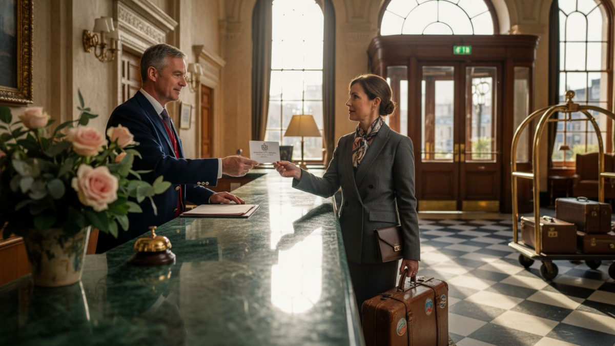 Concierge greeting guest in luxury hotel lobby