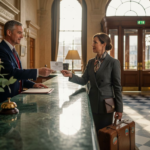 Concierge greeting guest in luxury hotel lobby