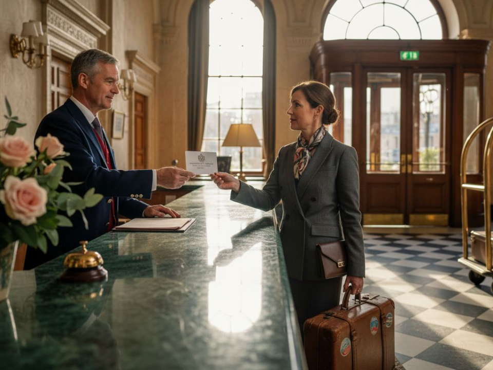 Concierge greeting guest in luxury hotel lobby