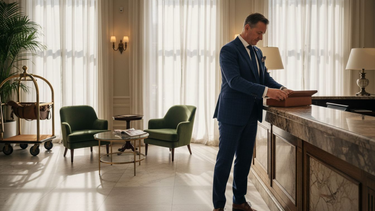 Elegant hotel lobby with manager adjusting leather decor