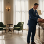 Elegant hotel lobby with manager adjusting leather decor
