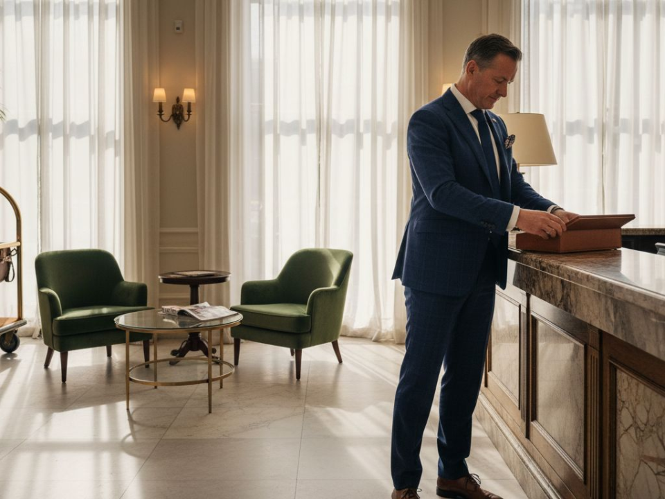 Elegant hotel lobby with manager adjusting leather decor