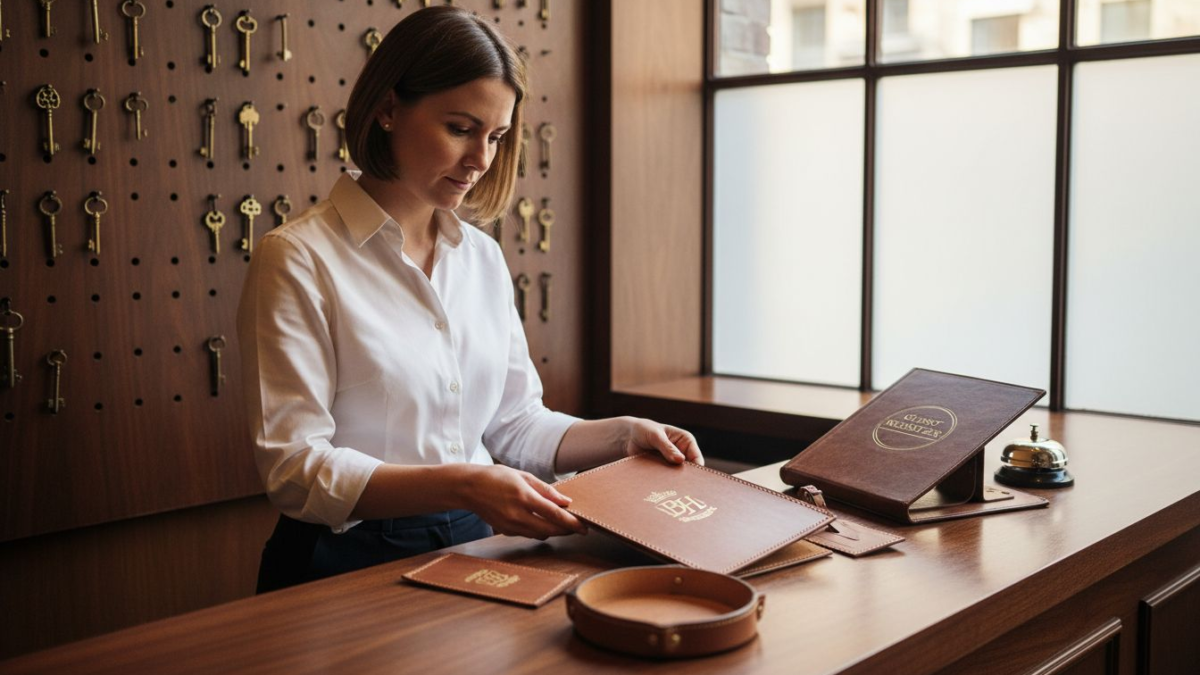 Manager arranging bespoke leather gifts at counter