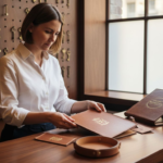 Manager arranging bespoke leather gifts at counter