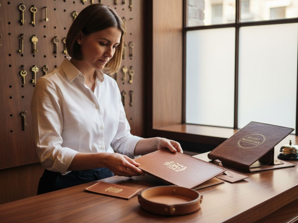 Manager arranging bespoke leather gifts at counter