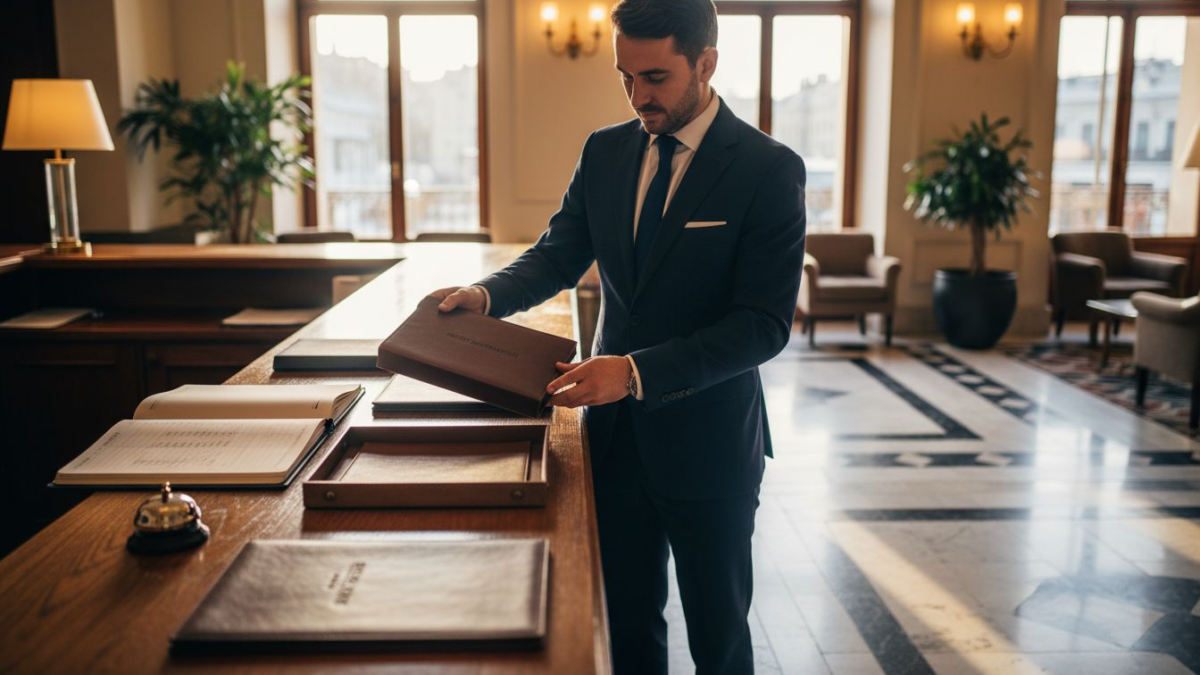 Concierge arranging luxury leather hotel accessories