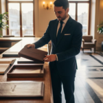 Concierge arranging luxury leather hotel accessories
