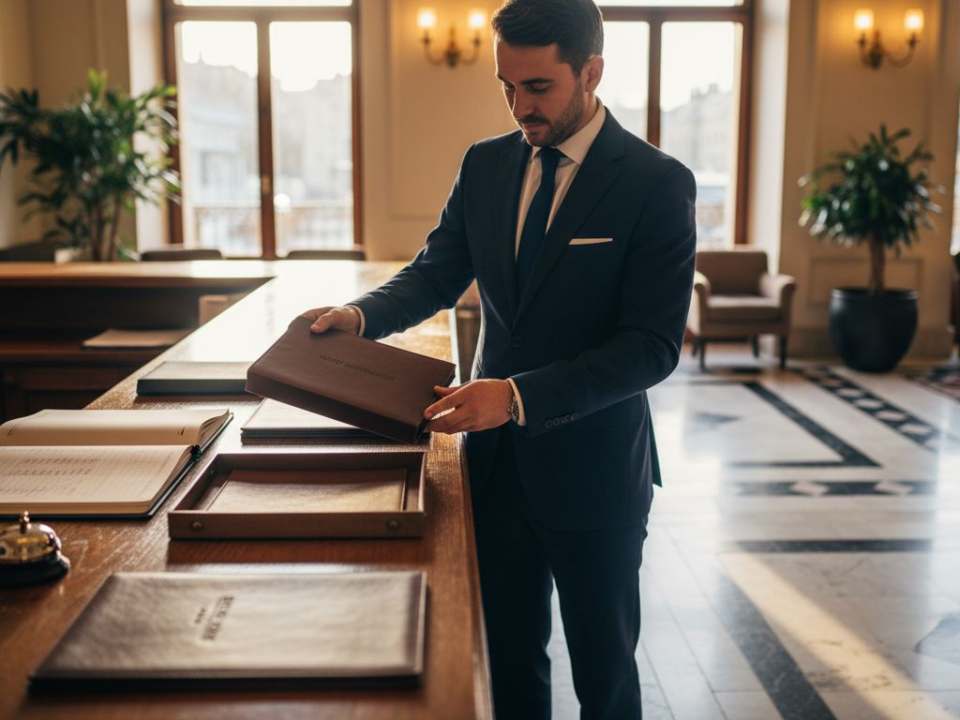 Concierge arranging luxury leather hotel accessories