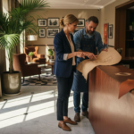 Manager and artisan examining custom leather desk