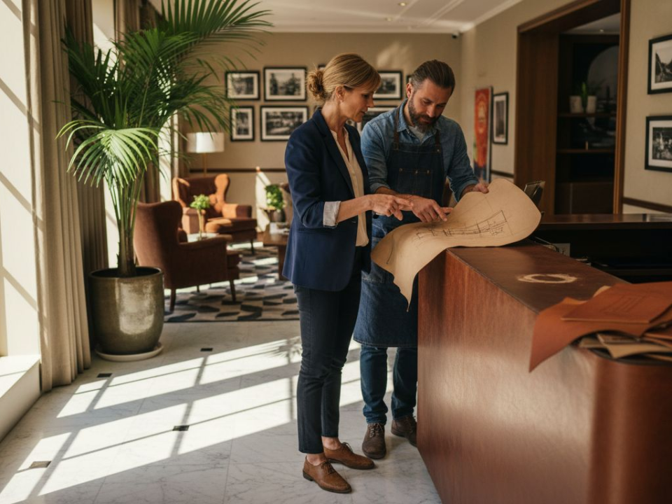 Manager and artisan examining custom leather desk