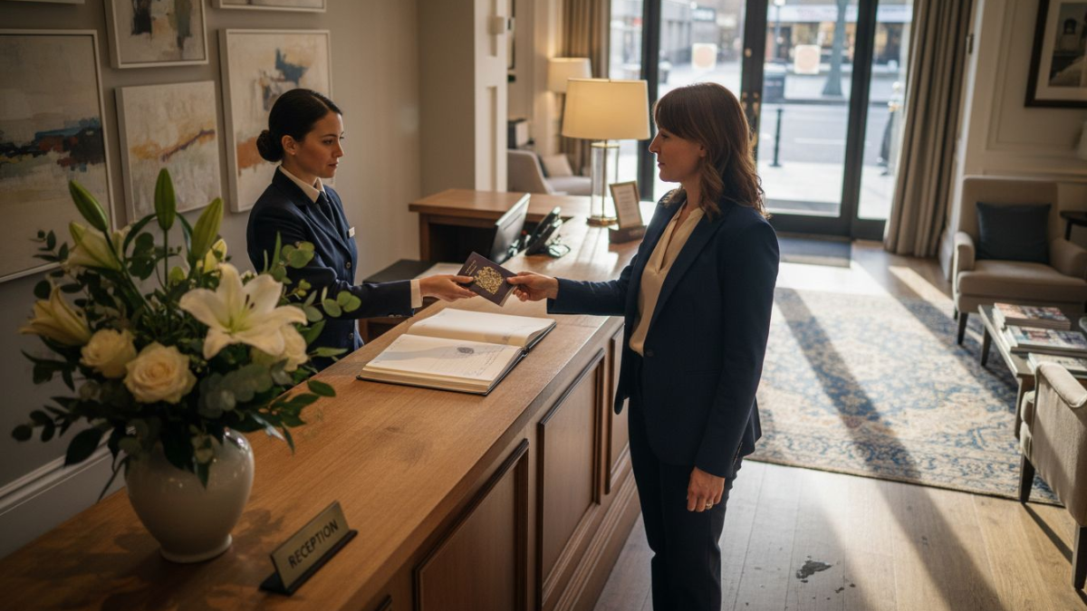 Hotel guest in lobby at check-in desk