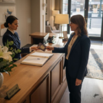 Hotel guest in lobby at check-in desk
