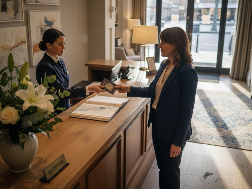 Hotel guest in lobby at check-in desk