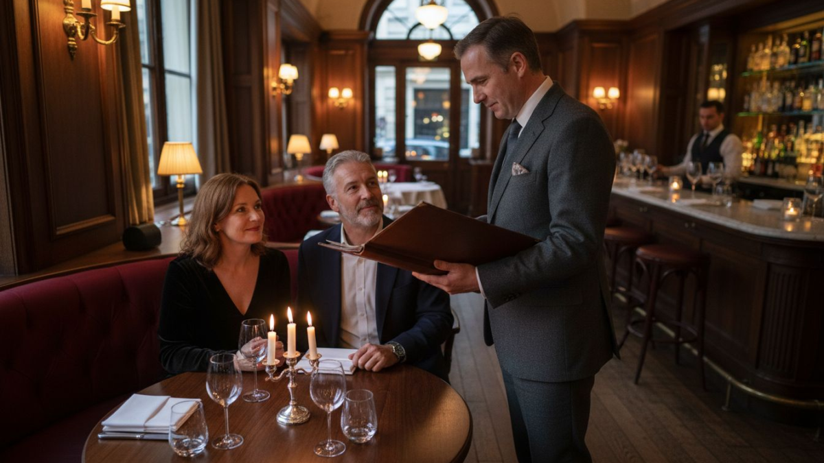 Maître d’ presenting leather menu at elegant restaurant