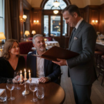 Maître d’ presenting leather menu at elegant restaurant