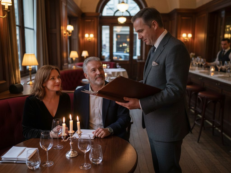 Maître d’ presenting leather menu at elegant restaurant