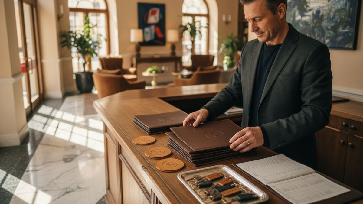 Hotel manager arranging bespoke leather items