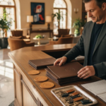 Hotel manager arranging bespoke leather items