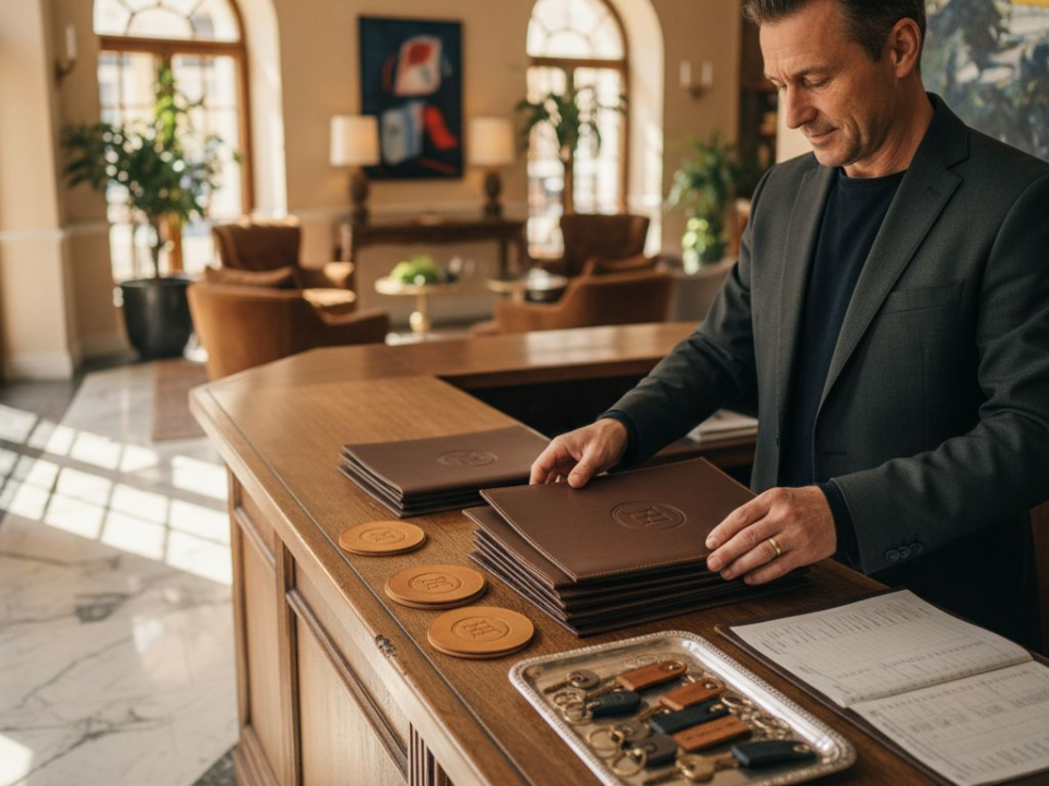 Hotel manager arranging bespoke leather items