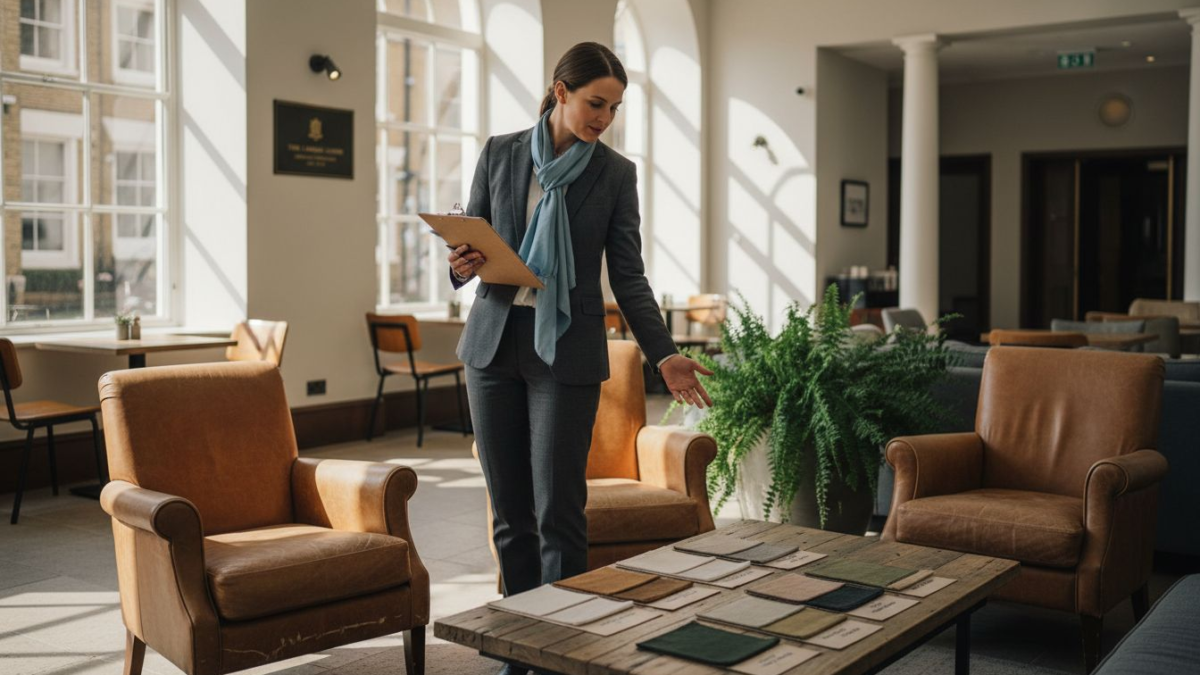 Hotel manager reviews eco-friendly material samples