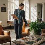 Hotel manager reviews eco-friendly material samples