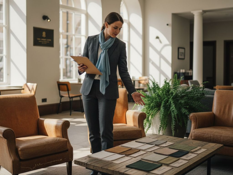 Hotel manager reviews eco-friendly material samples