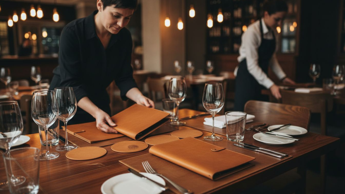 Leather accessories arranged on restaurant table