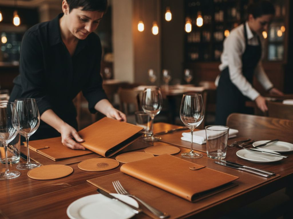 Leather accessories arranged on restaurant table