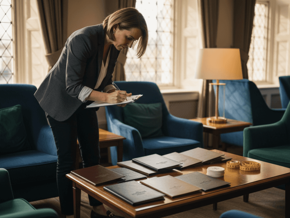 Venue manager reviewing luxury leather accessories