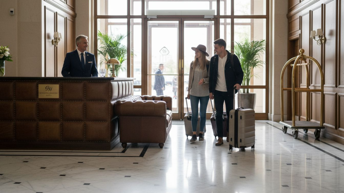 Luxury hotel lobby with bespoke leather and welcoming guests