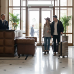 Luxury hotel lobby with bespoke leather and welcoming guests