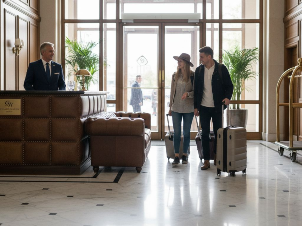 Luxury hotel lobby with bespoke leather and welcoming guests