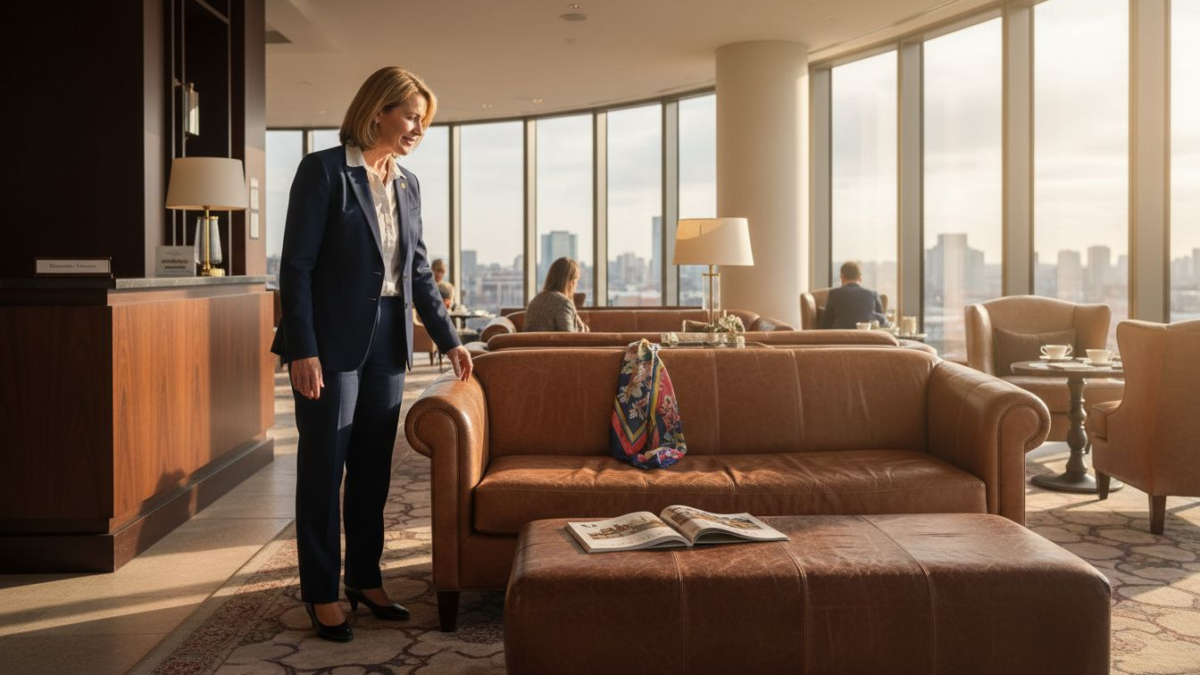 Luxury hotel lobby with leather seating and staff