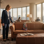 Luxury hotel lobby with leather seating and staff