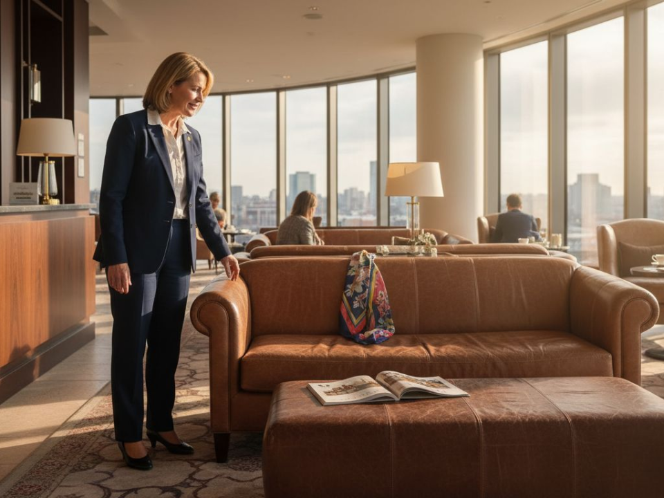 Luxury hotel lobby with leather seating and staff