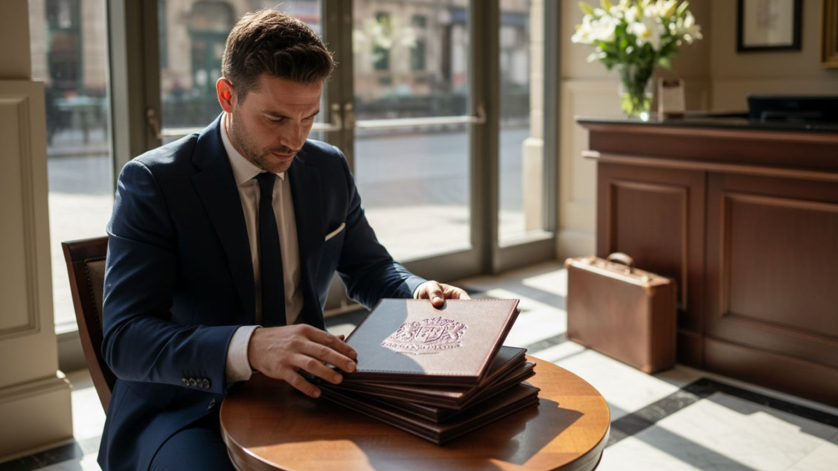 Hotel manager checks leather gifts at lobby table