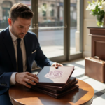 Hotel manager checks leather gifts at lobby table