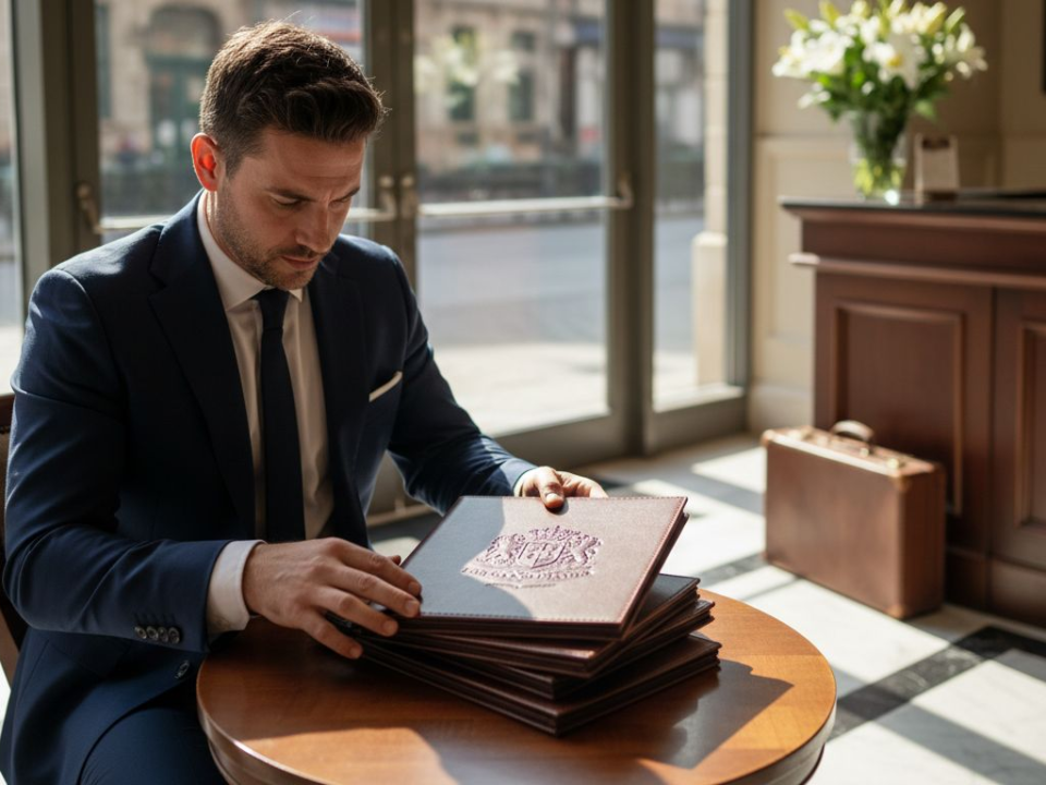 Hotel manager checks leather gifts at lobby table