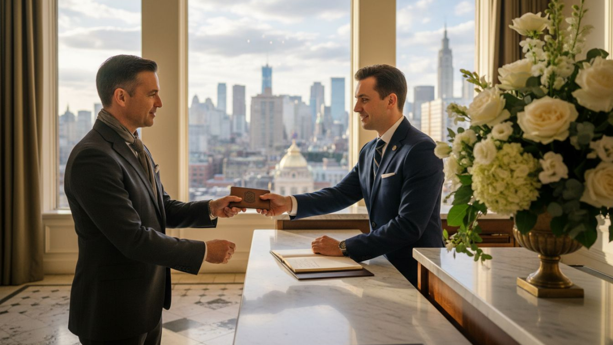 Concierge offers custom leather key wallet in lobby