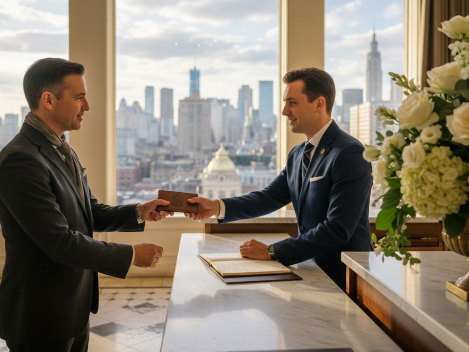 Concierge offers custom leather key wallet in lobby