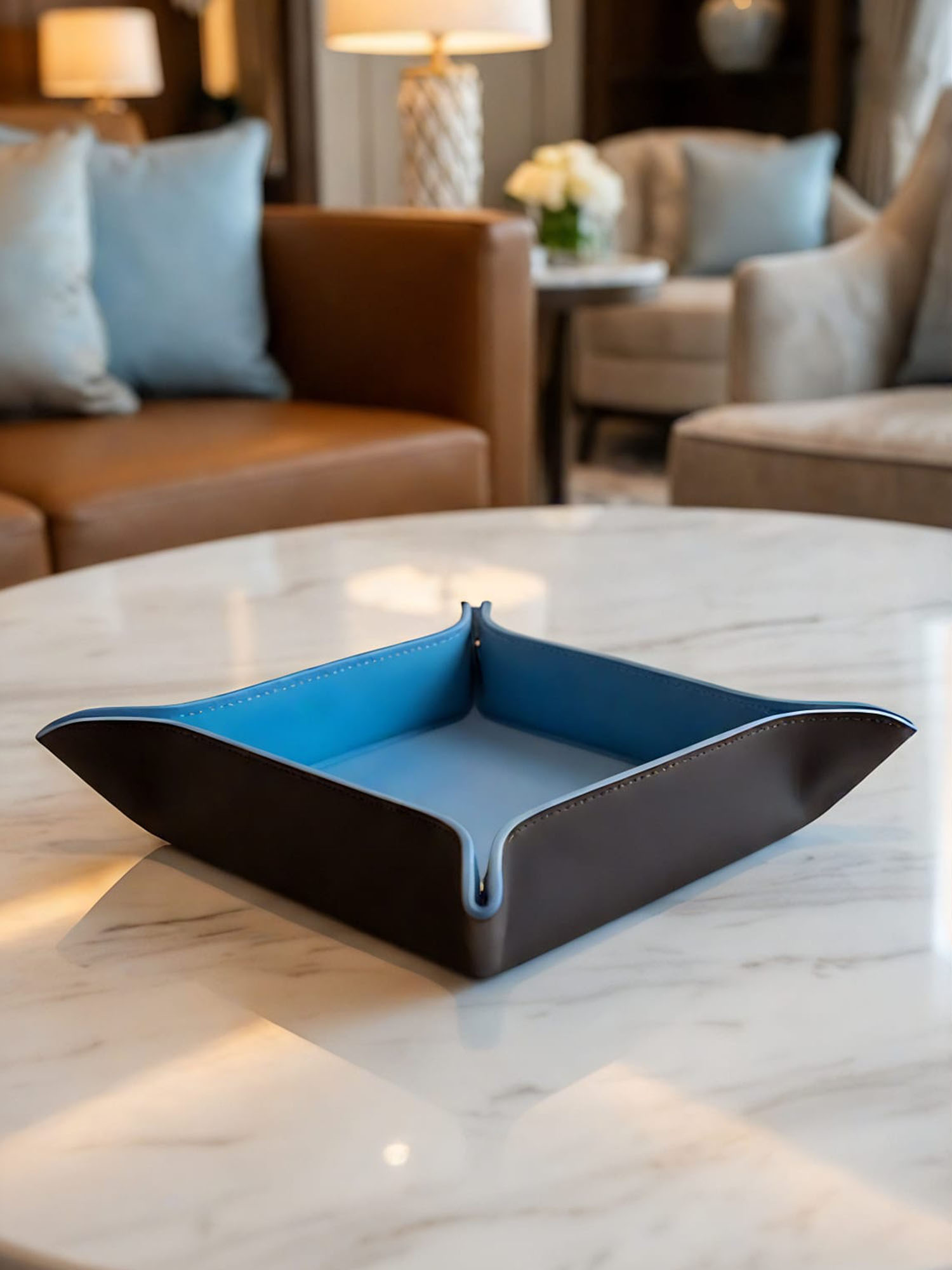 Bespoke leather serving tray for luxury hotel suite