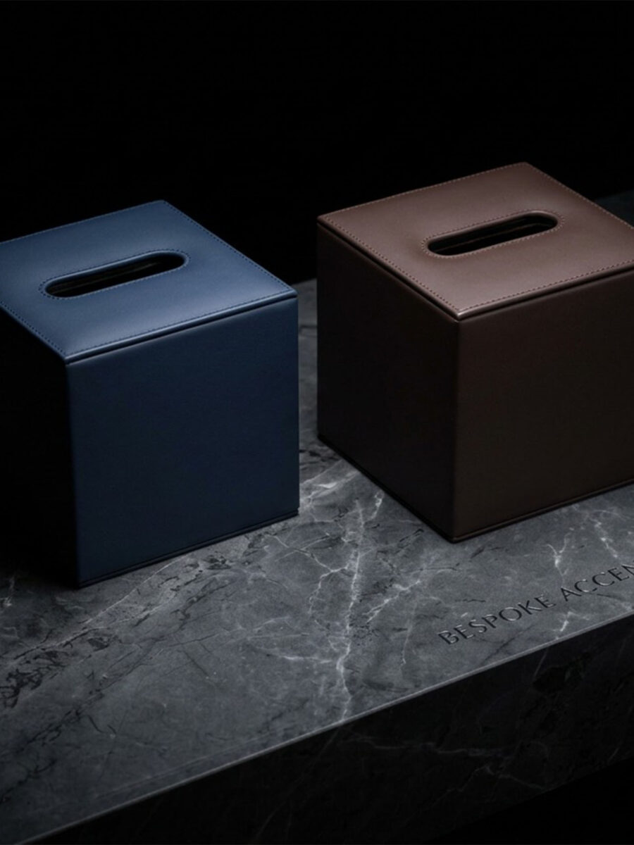 Bespoke leather tissue boxes for hotel rooms