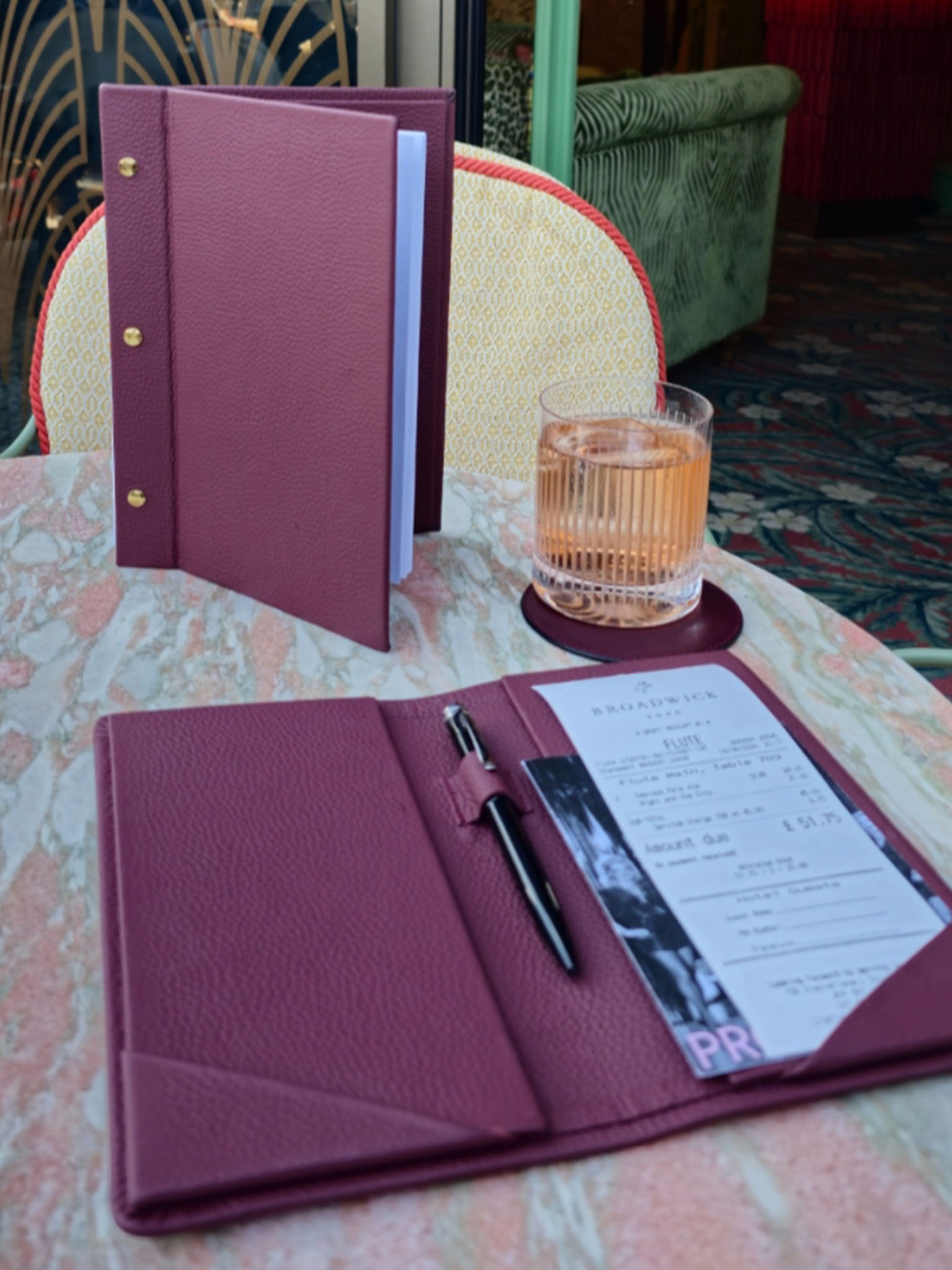 Luxury burgundy leather hospitality accessories for Broadwick Soho