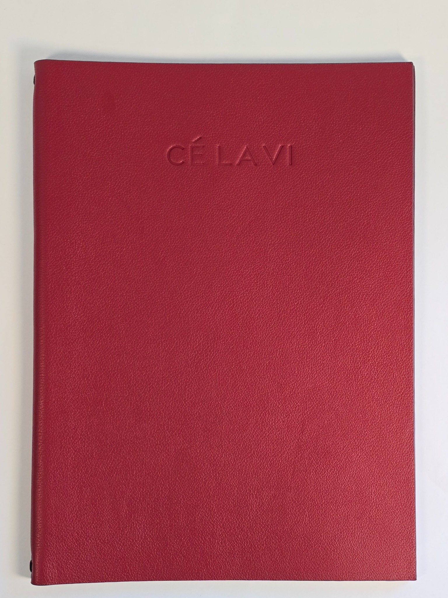 Burgundy bespoke leather menu cover for CE LA VI London